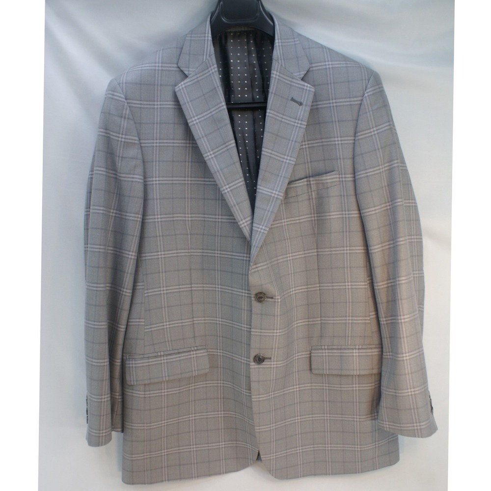Turnbury Mens 44L Blazer Grey Plaid Wool Silk Blend Sport Coat Preppy Minimalist